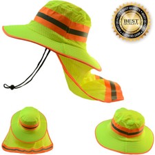 Hi Vis Green Reflective Safety Neck Flap Boonie Hat Ventilation Bucket Cap Lot