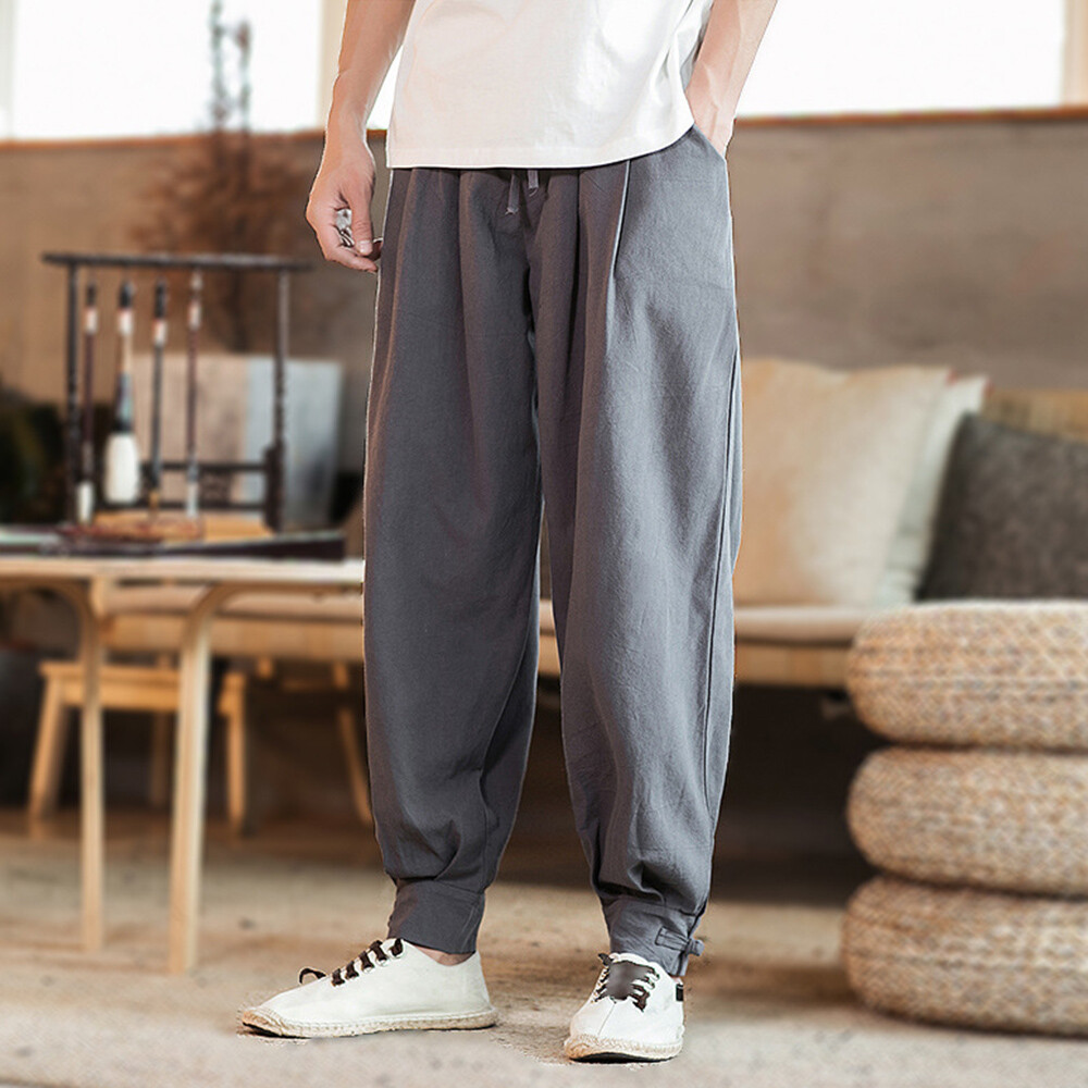 Mens Linen Pants Loose Baggy Elastic Wasit Ethnic Taperd