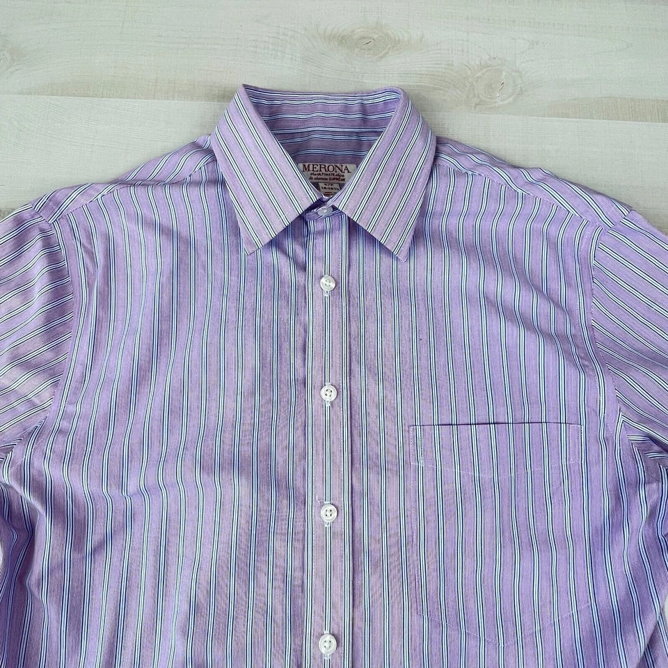 Camisa Merona Para Hombres Abotonada Pequeña 14-14 1/2 Rosa Rayas Ultimate Camisa Larga Slv Foto 2 de 4