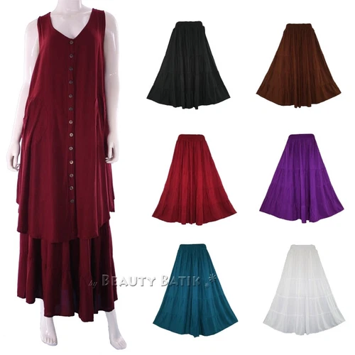 BeautyBatik Women BOHO Solid Rayon Gypsy Long Maxi Tier Peasant Skirt Plus Size