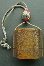 Inro 3pcs Bronze Ink Tank for Calligraphy Ojime Antique from Japan 0515B9G