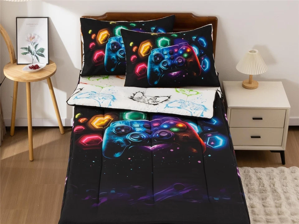 Juegos de cama con cremallera impresos para jugadores NTBED doble para niños colorido edredón espacial Foto 3 de 4