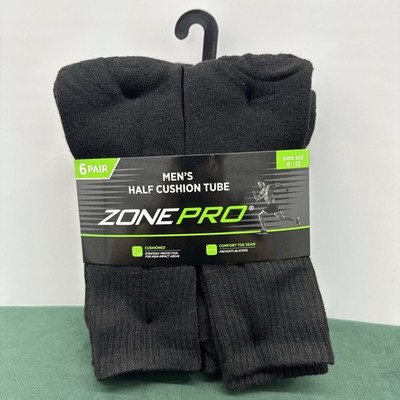 ZONE PRO MEN'S HALF CUSHION TUBE SOCKS BLACK SHOE SIZE 6-12 6 PK