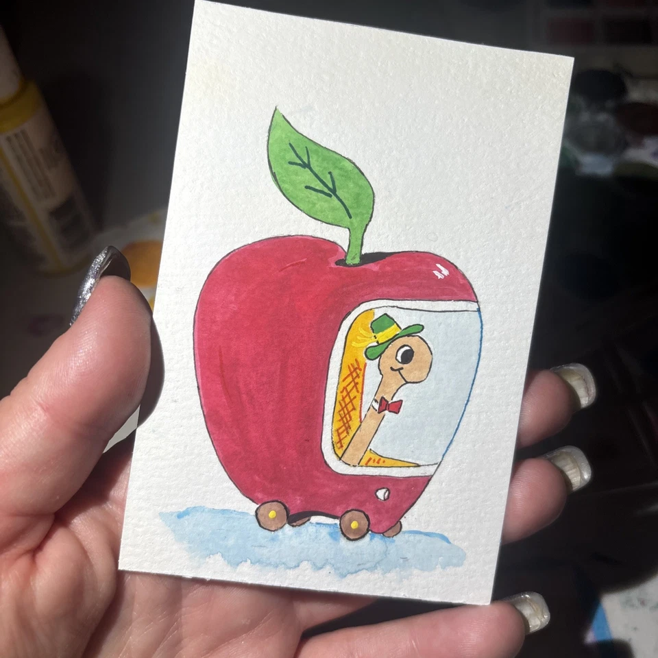 Original Art ACEO ATC Miniature Watercolor Lowly the Worm Richard Scarry  - Image 2 of 4