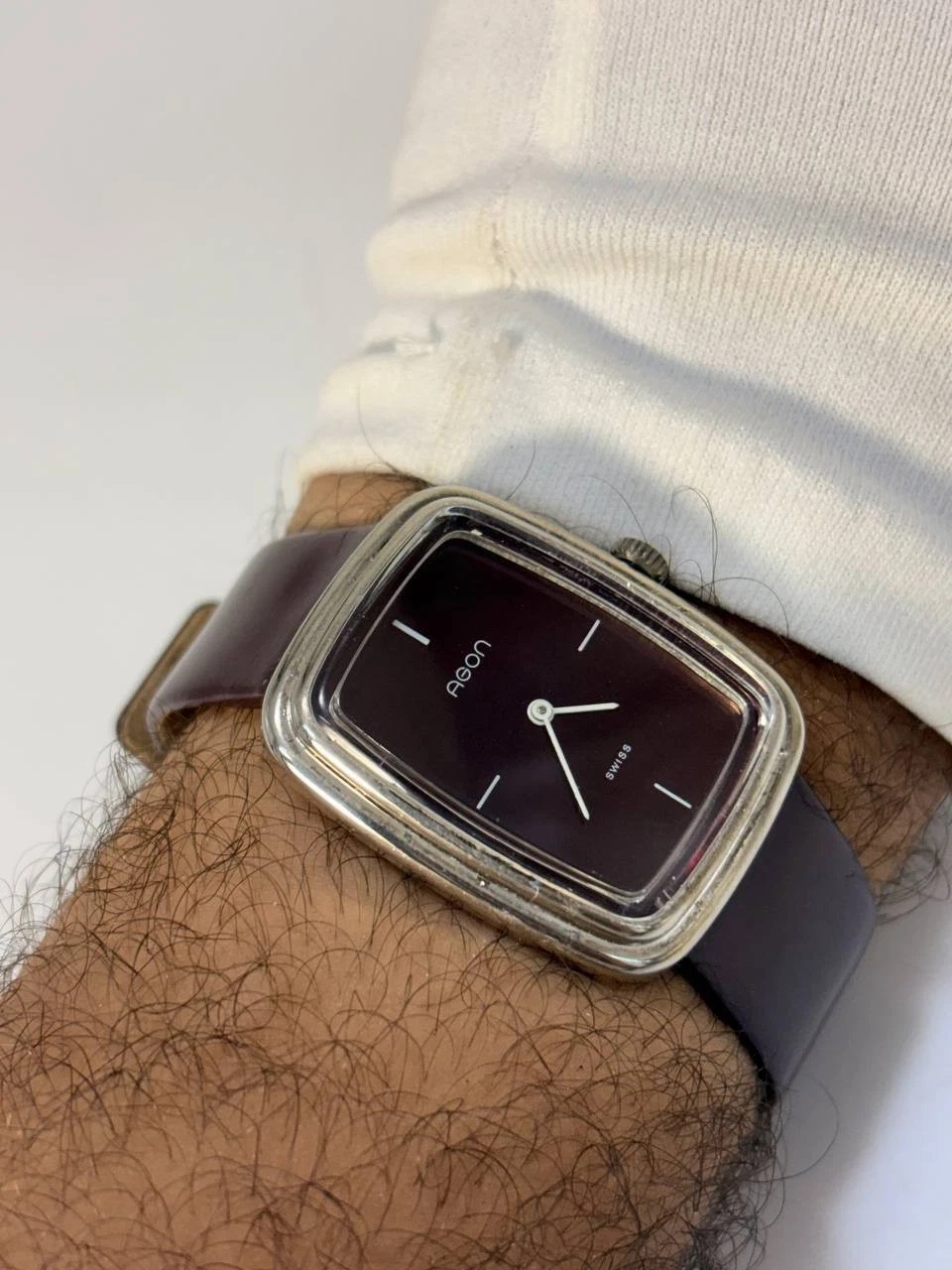 Vintage 1970s Agon Swiss Burgundy Dial TV Case Manual Wind Watch 31x37mm Tank image 12