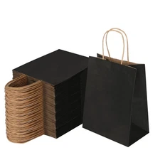 100 Pack 8x4.75x10 Inch Medium Black Kraft Paper Bags with Handles Bulk, Craf...