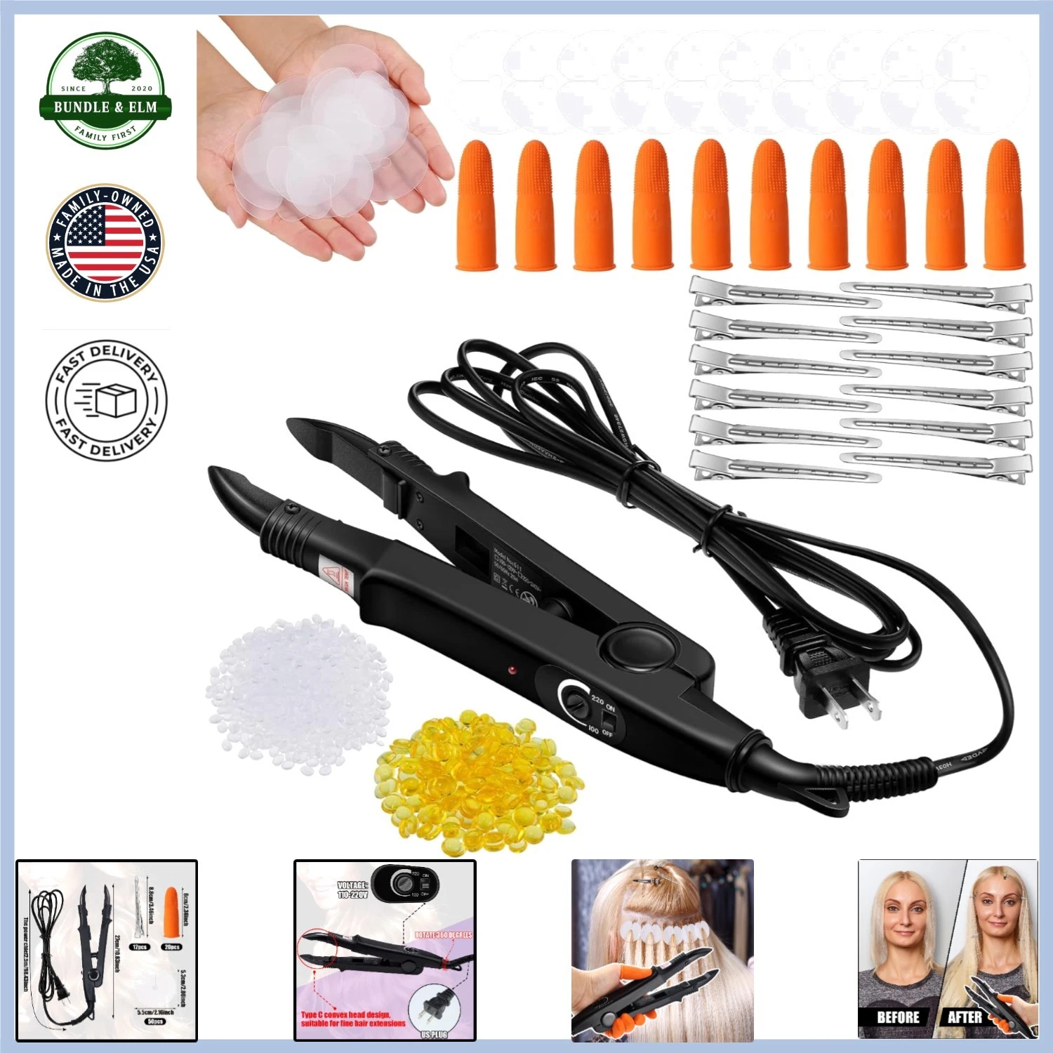 Keratin Hair Extension Kit with Heat Iron, Clips, and Protective Templates