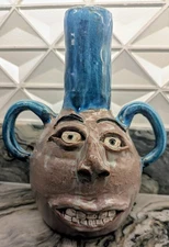 Handmade Folk Art Face Jug Double Handle Teal Glaze Pottery Southern Style 9"x7"