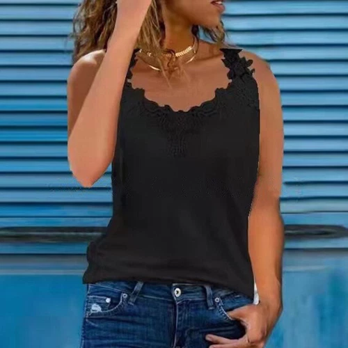 Verano Mujeres Chaleco de Encaje Camiseta Sin Mangas Cuello en V Camiseta sin Mangas Camisola Informal Prendas para el torso - Imagen 14 de 21