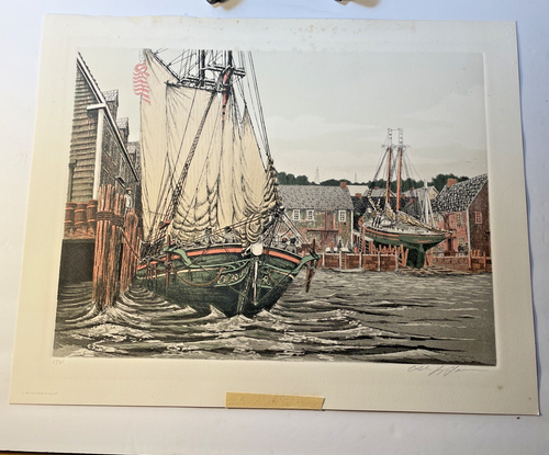 Alan Jay Gaines "The Lookout" acquaforte colorata con certificato di autenticità firmato 1981 Sailing Mass. - Foto 4 di 13
