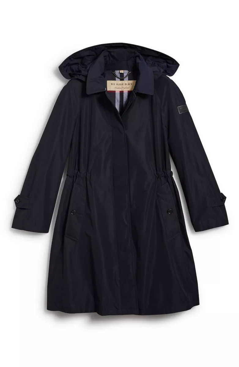 NEW 795 Burberry Women Tringford Navy Hooded Rain Coat Parka US 10 EU 44