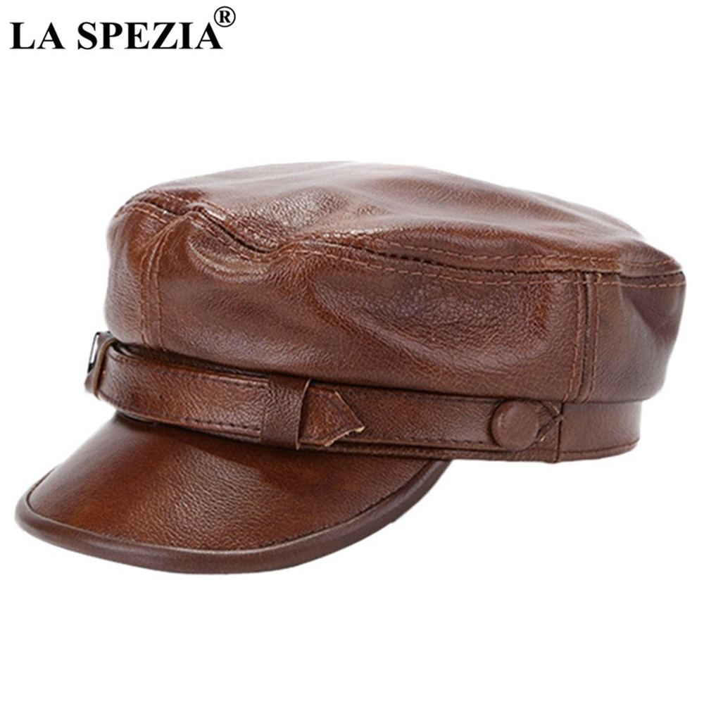 Men's Leather Hat Brown Military Captain Hat Men Genuine Cow Leather  Newsboy Cap