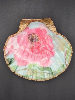 Scallop Seashell Trinket/Jewelry Dish-Decoupage Pink Peony Flower-Beachy Granny