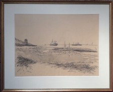 ::ELBE BEI BROKDORF °GROßE ZEICHNUNG SCHIFFE NORDSEE DATIERT 1981 MONOGRAMM 