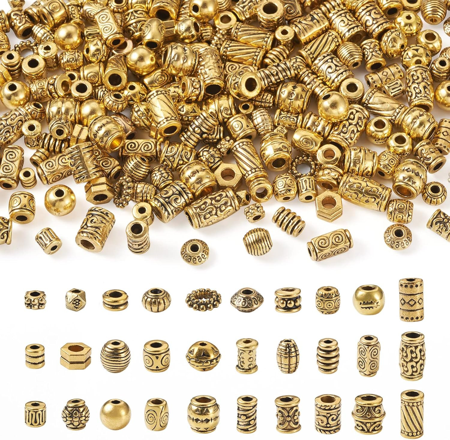 300Pcs Antique Golden Tibetan Alloy Spacer Beads 30 Styles Assorted Polygon Colu