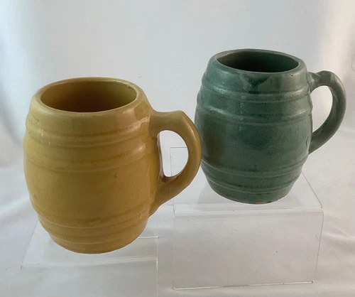 Vintage McCoy Pottery #16 Barrel Mug Tankard Green Yellow 1920s  Marked Set Of 2