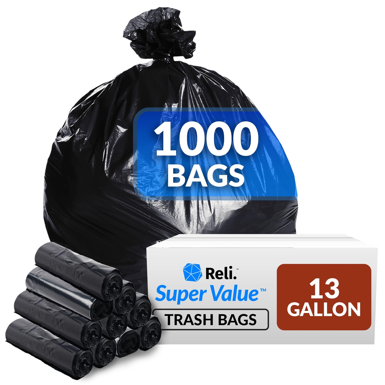 Reli. 13 Gallon Trash Bags Black (1000 Count Bulk) Tall Kitchen Garbage Bags 13