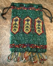 Early 20th Century European Glass Beaded Drawstring Bag Reticule; 9.5  H x 5.25  