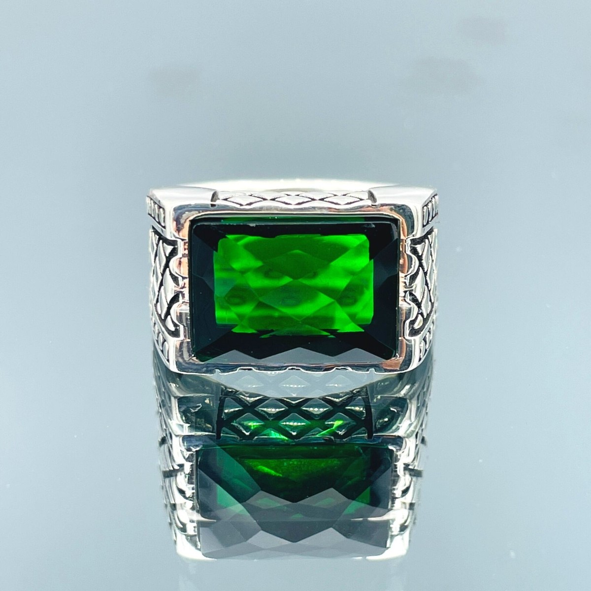SILVER925 BIG GREEN STONE RING/シルバー/リング Men Silver Green Stone Ring, 925k Sterling Silver, Handmade