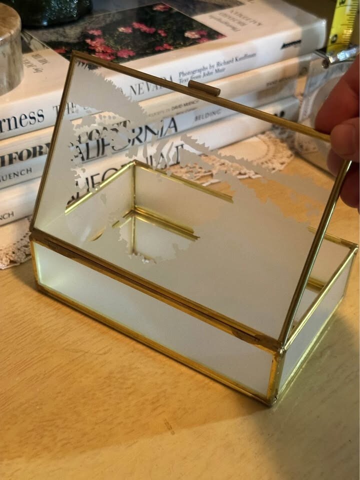 Crowning  Touch VTG Jewelry Box Mirrored Etched Glass Panel Brass Hinged Footed 