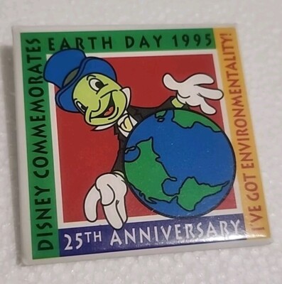 Vintage Earth Day 1995 JIMINY CRICKET Button - Disney Environmental 90s Pin