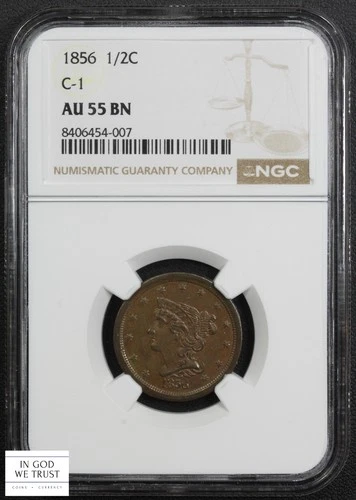 1856 C-1 Braided Hair Copper Half Cent 1/2C NGC AU 55 BN