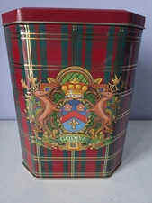 Godiva Biscotti Chocolatier Gift Tin Canister w/ Lid Christmas Plaid Crest Vtg