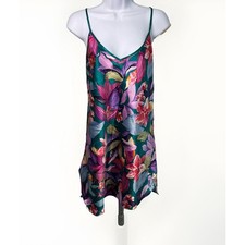 Vintage 80s California Miss Paisley Print Lingerie Dress Teal Purple Satin