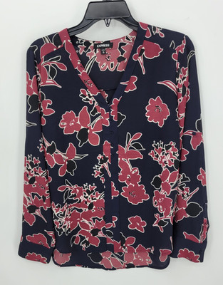 Express Top Womens Medium Black Pink Floral Long Sleeve Popover Artsy Blouse