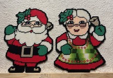 VTG Plastic Canvas Needlepoint Santa  Mrs Claus Christmas Wall Hanging Yarn 14"