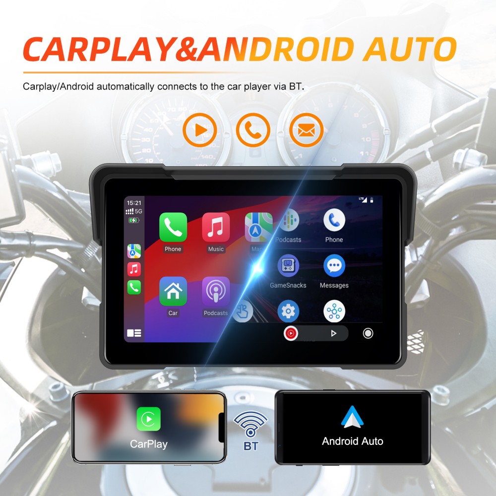 Navigatore 7" Impermeabile Moto CarPlay Android Auto TouchScreen Autoradio BT foto 3