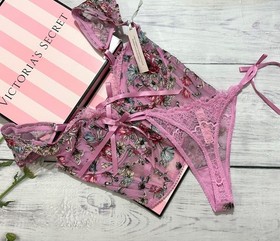Victoria's Secret Tiktok Floral Bra Top Bustier Corset Side Tie Thong Set Pink