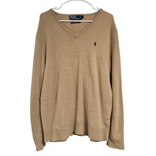 Polo Ralph Lauren V-Neck Knit Sweater Tan 100 Lambswool Classic Men's Size L