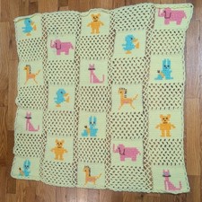 Vintage Handmade Crochet Crib Blanket - Animals Elephant Cat Bear Bunny Decor