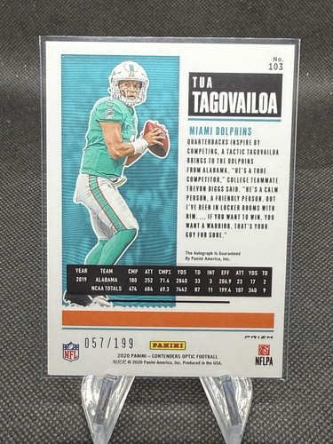 2020 Panini Contenders Optic Tua Tagovailoa Rookie Ticket Auto Red /199 #103 - Bild 2 von 3