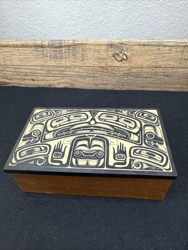 Vintage Boma Canada Carved Tribal Art Rectangle Wood Trinket Box with Lid