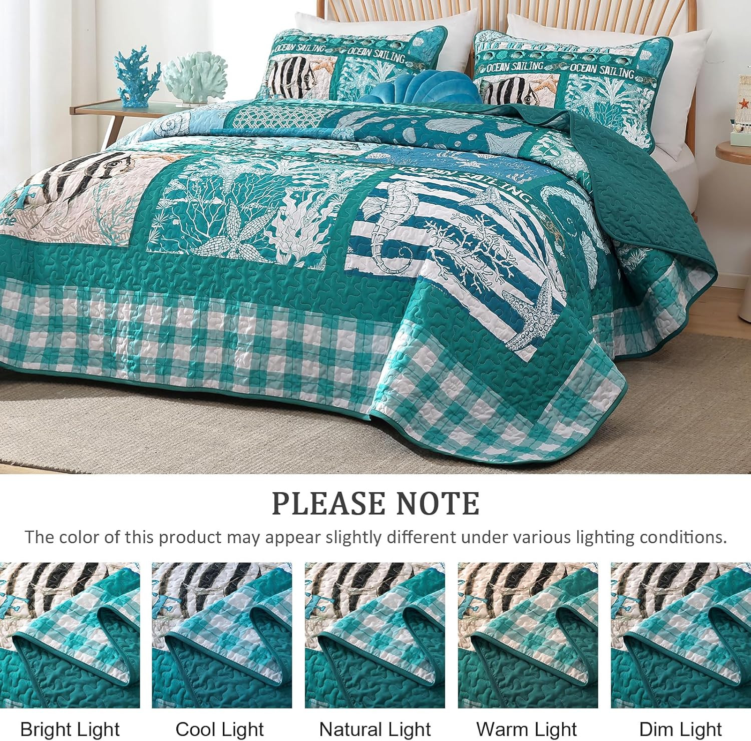 Coastal King Size Quilt Set 3 Piece,Summer Beach Bedspread Coverlet Lightweight