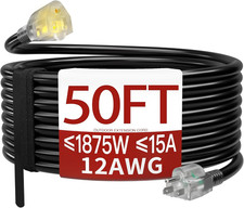 50 ft extension cord with 12 gauge heavy duty outdoor waterproof black cable for