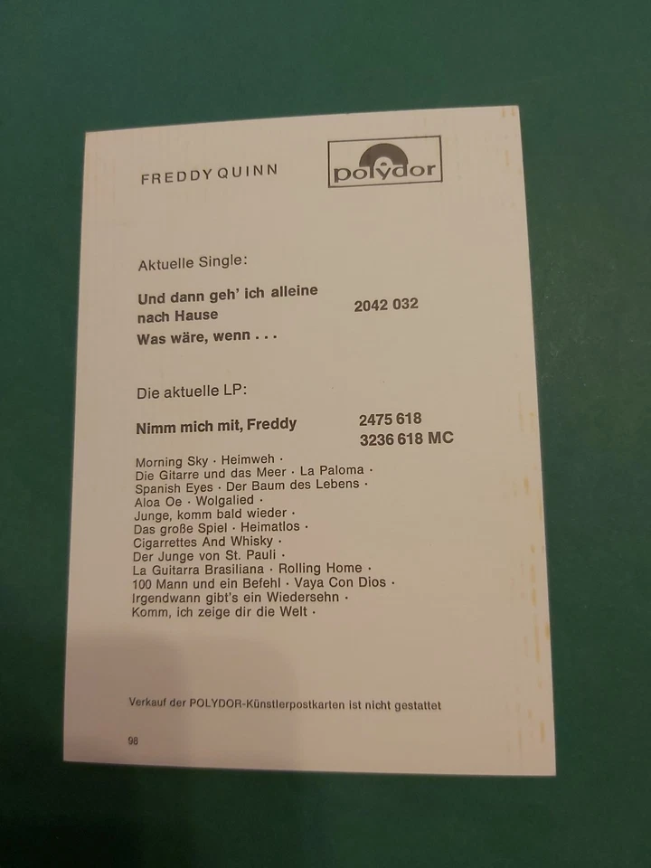 Freddy Quinn , Musik , Autogrammkarte - Bild 2 von 2