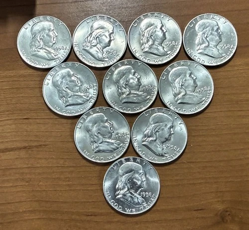 Ten (10) 1958-D Franklin Half Dollars - Uncirculated - 90% SILVER - Half Roll