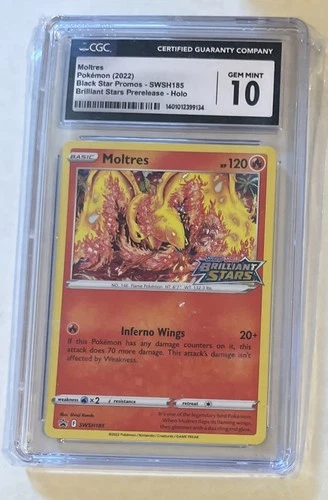 POKEMON CGC 10 MOLTRES PRERELEASE HOLO SWSH185 BRILLIANT STARS PROMO Card