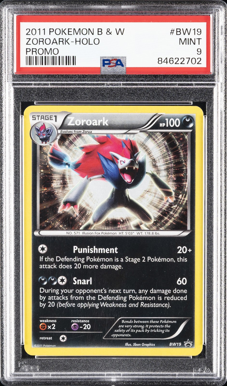 2011 POKEMON BLACK & WHITE PROMO #BW19 ZOROARK-HOLO PSA 9