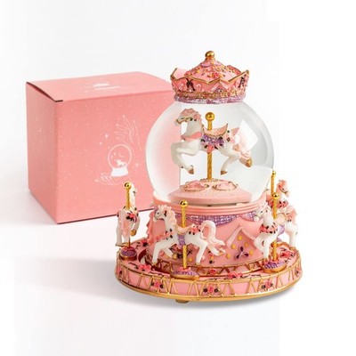 Gift Wrapped Carousel Horse Unicorn Toy Music Box Snow Globe Color Changing LED