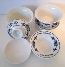 VTG China Airlines First Class Cup Saucer Plate Est 1950s Blue Porcelain Set 6