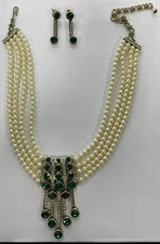 Heidi Daus An Affair To Remember 4 Strand Pearl/Emerald Necklace & Earring Set