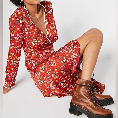 Free People Womens Sz 8 Red Floral Wrap Midi Kimono Dress - 第 1/10 張圖片