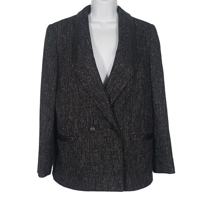 VTG David Benjamin Womens Blazer Jacket Wool Leather Trim B & W Fleck Size 7/8