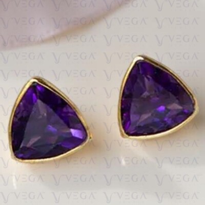 4.00Carat Trillion Natural Amethyst Solitaire Stud Earring 14K Solid Yellow Gold