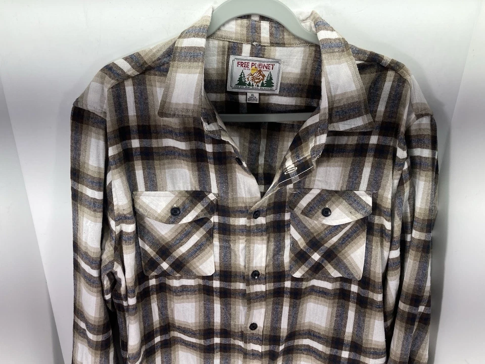 Free Planet Flannel Shirt Men Size XL Brown Plaid Long Sleeve Button 100% Cotton - Image 2 of 4