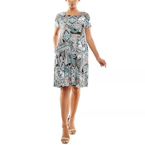 NEW Nina Leonard Turquoise Bohemian Print Lace-Up Back Swing Dress w/ Pockets L